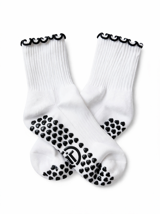 White Heart Frills - Pilates Grip Socks
